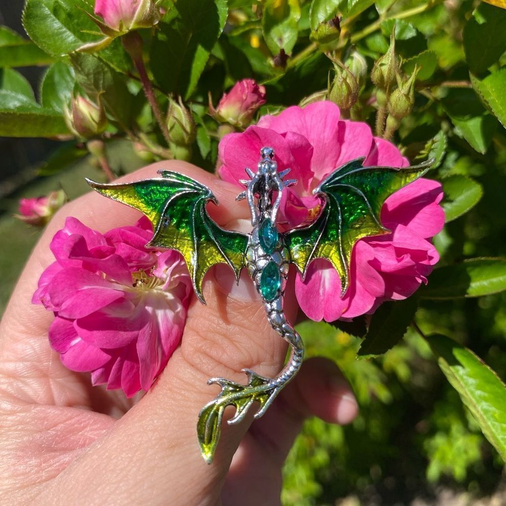 Vintage Inspired Viking Green and Silver Dragon Brooch Engraved Detailing